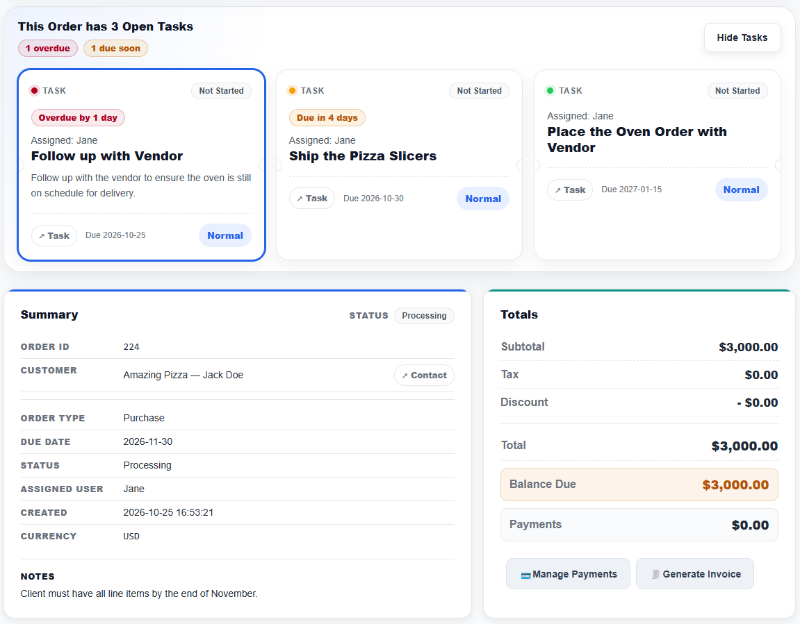 BizCoorda order with assigned tasks created by AI task management.